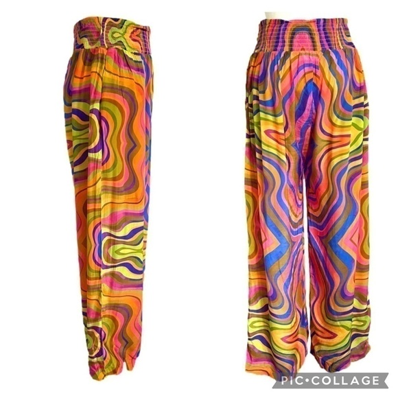 Wavy Psychedelic Rainbow Silk Crepe Wide Leg Resort Pants - O/S 🌈 - Picture 5 of 10
